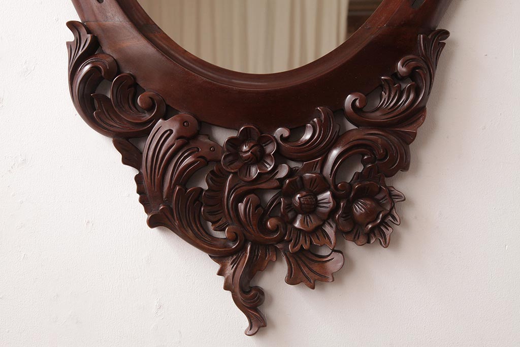 アンティーク雑貨　フランスアンティーク　マホガニー材　飴色の木枠のウォールミラー(壁掛け鏡)