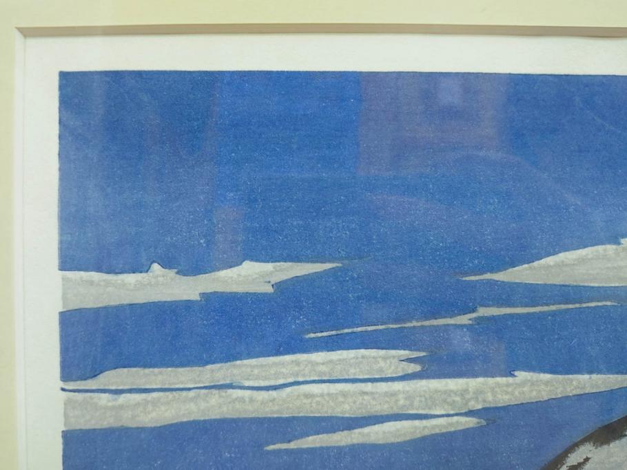 真作　関野準一郎　「猪苗代湖」　直筆サイン入り　約P8号　木版画(絵画、額装)(R-075896)