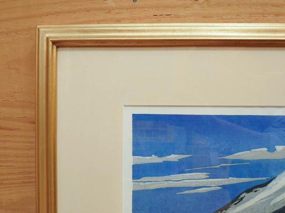 真作　関野準一郎　「猪苗代湖」　直筆サイン入り　約P8号　木版画(絵画、額装)(R-075896)