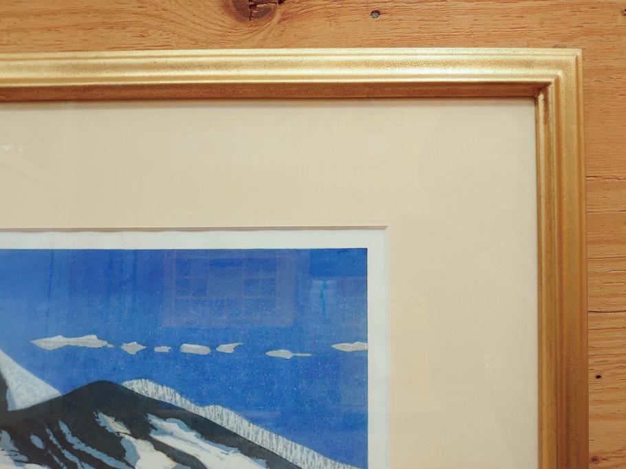 真作　関野準一郎　「猪苗代湖」　直筆サイン入り　約P8号　木版画(絵画、額装)(R-075896)