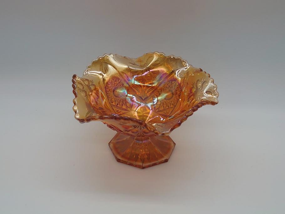 大正〜昭和初期　アンバー　カーニバルグラス　プレスガラスがレトロなコンポート(フルーツ皿、虹彩ガラス、マリーゴールド色、オレンジ、ラスター、和食器)(R-061725)