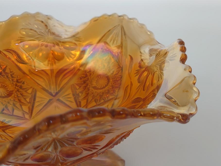 大正〜昭和初期　アンバー　カーニバルグラス　プレスガラスがレトロなコンポート(フルーツ皿、虹彩ガラス、マリーゴールド色、オレンジ、ラスター、和食器)(R-061725)
