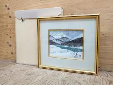 真作　松本栄　「雪の最上川」　日本画(絵画、風景、額装、共シール、箱付き)(R-075899)