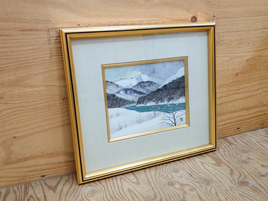 真作　松本栄　「雪の最上川」　日本画(絵画、風景、額装、共シール、箱付き)(R-075899)