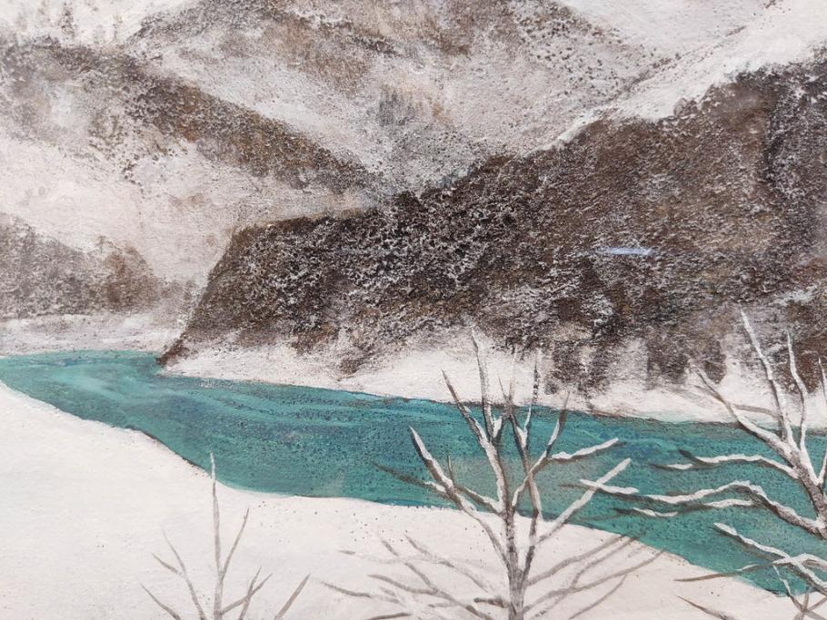 真作　松本栄　「雪の最上川」　日本画(絵画、風景、額装、共シール、箱付き)(R-075899)
