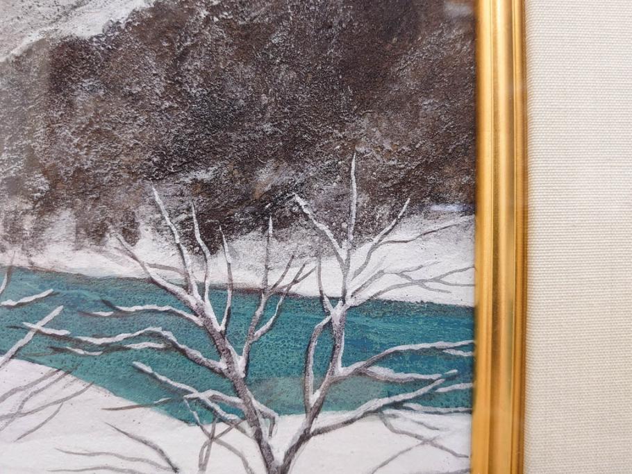 真作　松本栄　「雪の最上川」　日本画(絵画、風景、額装、共シール、箱付き)(R-075899)