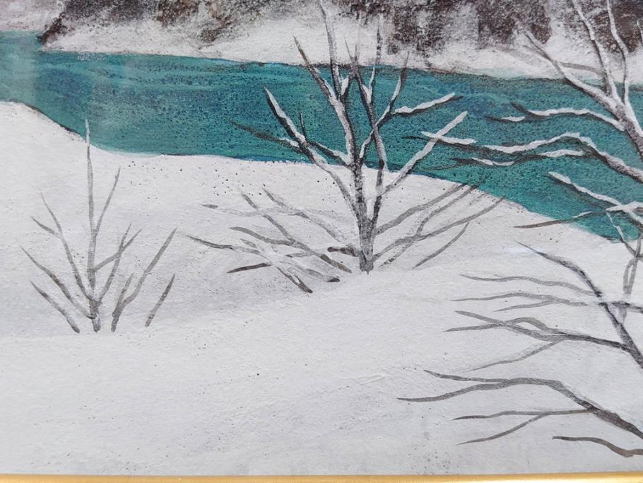 真作　松本栄　「雪の最上川」　日本画(絵画、風景、額装、共シール、箱付き)(R-075899)