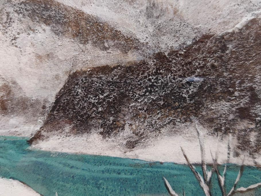 真作　松本栄　「雪の最上川」　日本画(絵画、風景、額装、共シール、箱付き)(R-075899)