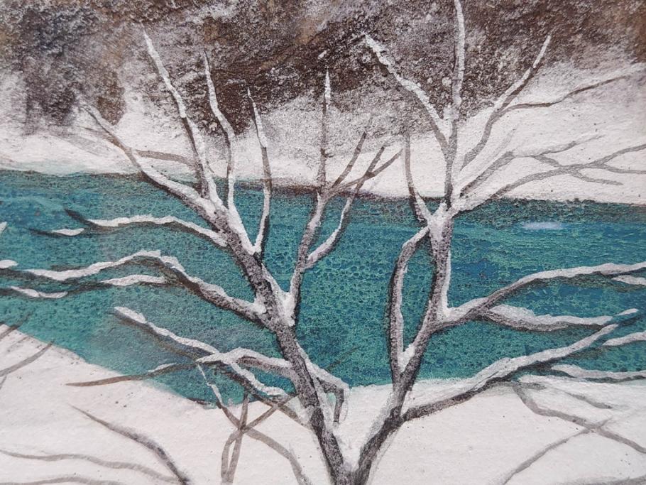 真作　松本栄　「雪の最上川」　日本画(絵画、風景、額装、共シール、箱付き)(R-075899)