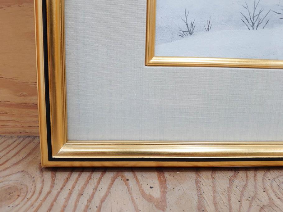 真作　松本栄　「雪の最上川」　日本画(絵画、風景、額装、共シール、箱付き)(R-075899)