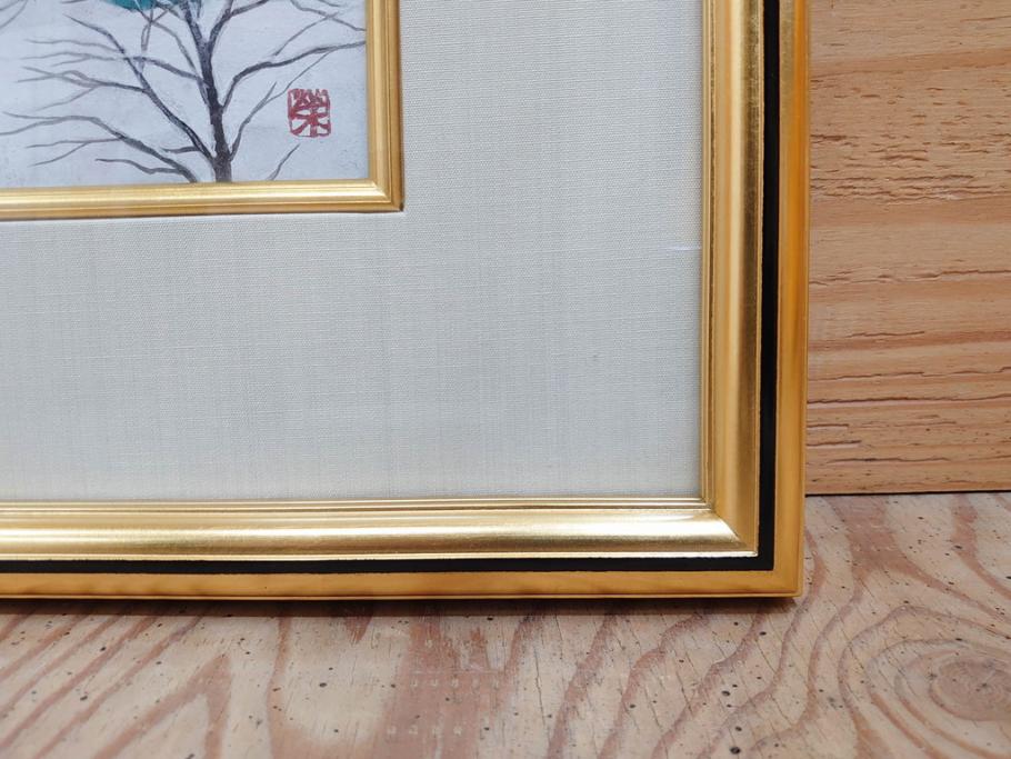真作　松本栄　「雪の最上川」　日本画(絵画、風景、額装、共シール、箱付き)(R-075899)