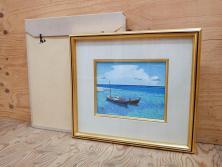 真作　松本栄　「珊瑚礁の海」　日本画(絵画、風景、額装、共シール、箱付き)(R-075900)