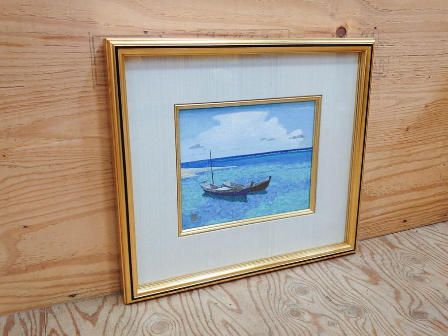 真作　松本栄　「珊瑚礁の海」　日本画(絵画、風景、額装、共シール、箱付き)(R-075900)