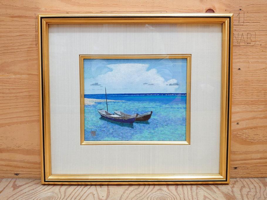 真作　松本栄　「珊瑚礁の海」　日本画(絵画、風景、額装、共シール、箱付き)(R-075900)