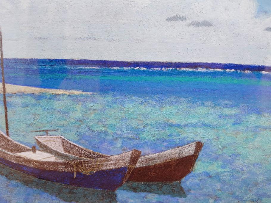 真作　松本栄　「珊瑚礁の海」　日本画(絵画、風景、額装、共シール、箱付き)(R-075900)