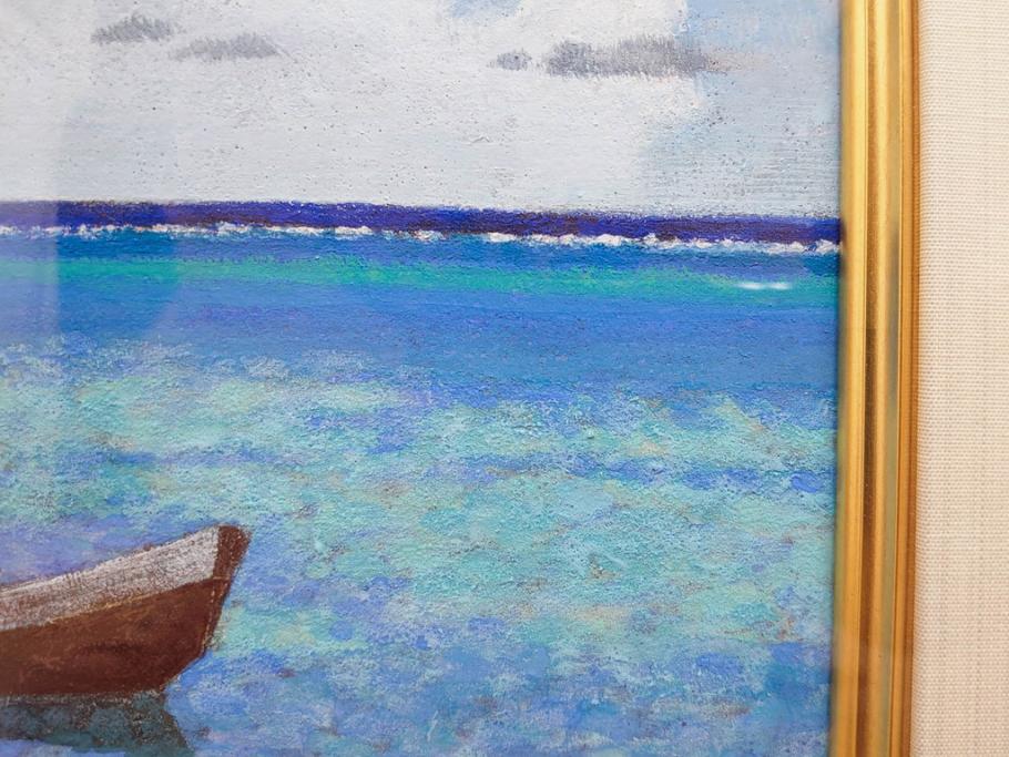 真作　松本栄　「珊瑚礁の海」　日本画(絵画、風景、額装、共シール、箱付き)(R-075900)