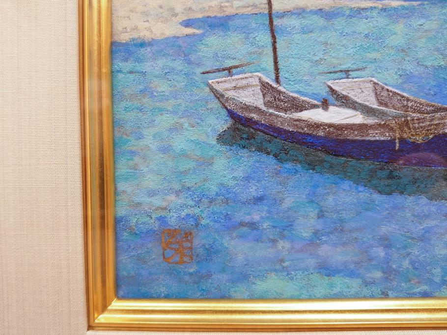 真作　松本栄　「珊瑚礁の海」　日本画(絵画、風景、額装、共シール、箱付き)(R-075900)