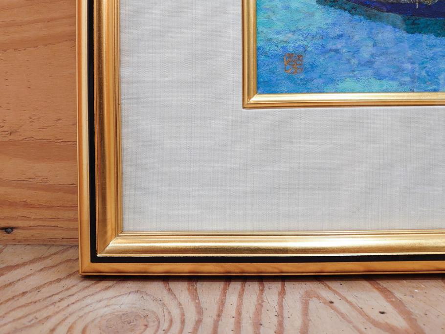 真作　松本栄　「珊瑚礁の海」　日本画(絵画、風景、額装、共シール、箱付き)(R-075900)