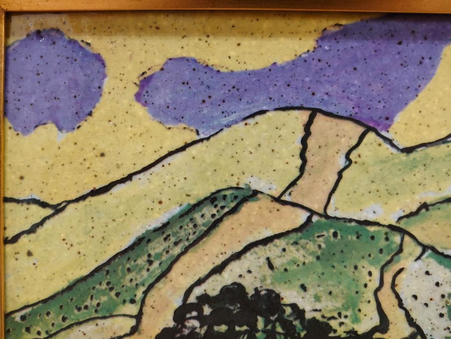 真作　超稀少　田崎広助(廣助)　「宝満山」　74.5cm×39.5cm　磁彩画(陶板画、陶額、額装)(R-075901)