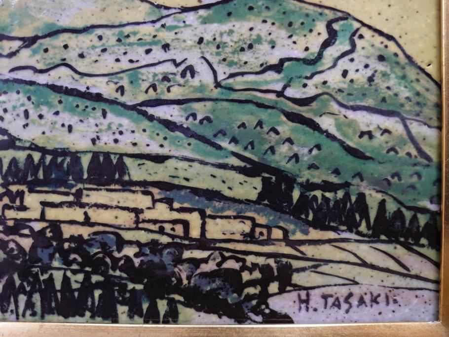 真作　超稀少　田崎広助(廣助)　「宝満山」　74.5cm×39.5cm　磁彩画(陶板画、陶額、額装)(R-075901)