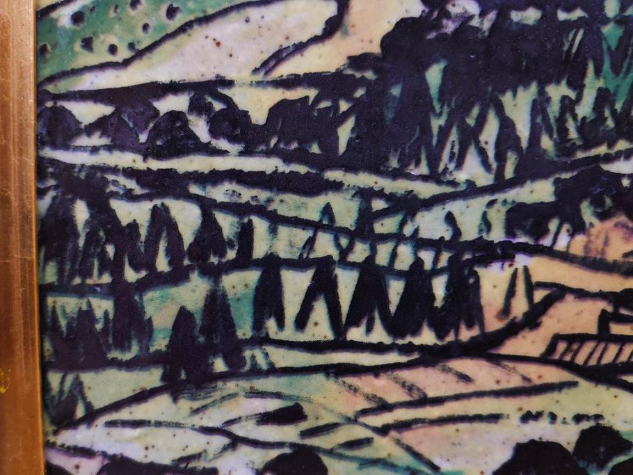 真作　超稀少　田崎広助(廣助)　「宝満山」　74.5cm×39.5cm　磁彩画(陶板画、陶額、額装)(R-075901)