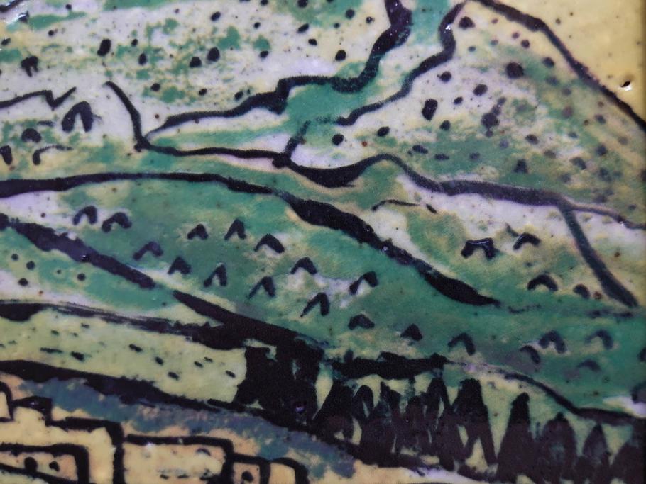 真作　超稀少　田崎広助(廣助)　「宝満山」　74.5cm×39.5cm　磁彩画(陶板画、陶額、額装)(R-075901)