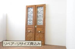 アンティーク建具　ヒノキ材　古いお寺の桟唐戸2枚セット(蔵戸、玄関戸、両開きドア、木製扉、門扉)(R-071111)