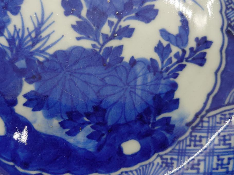 明治期　伊万里焼　ベロ藍　染付　8.7寸皿　約26.5cm　紺青色が目を引く花草文様の深鉢(八寸七分、牡丹、深皿、和食器、和皿)(R-061752)