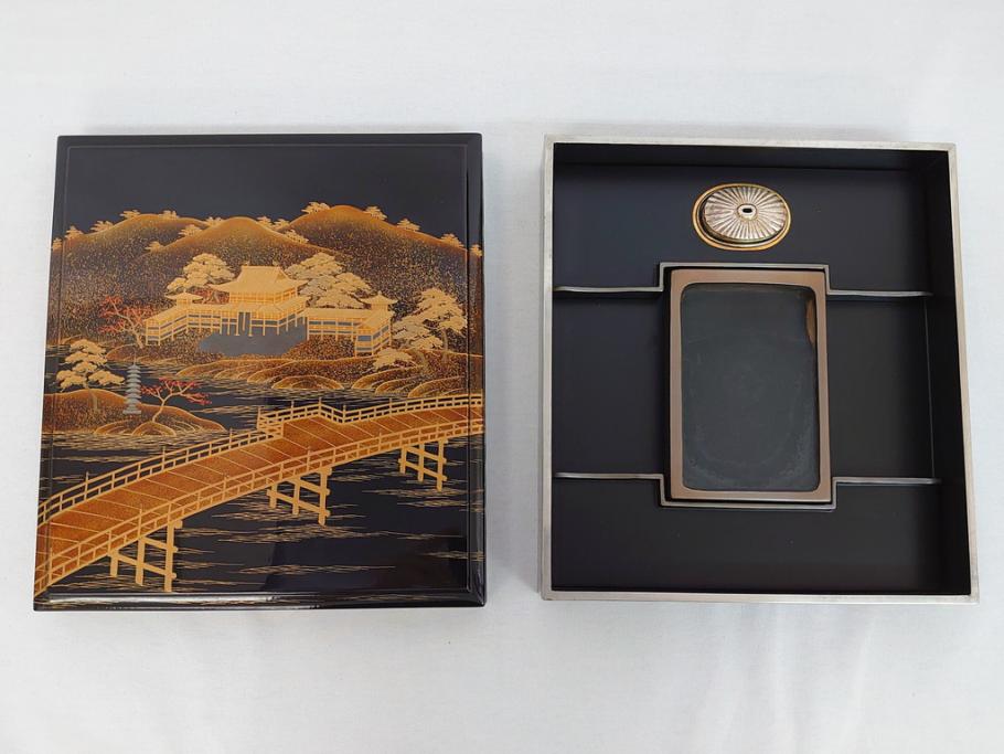 【★安心の定価販売★】 木製 銀縁 平安象彦 蒔絵 若田石硯(硯箱、共箱付き)(R 純銀水滴 硯箱、文箱