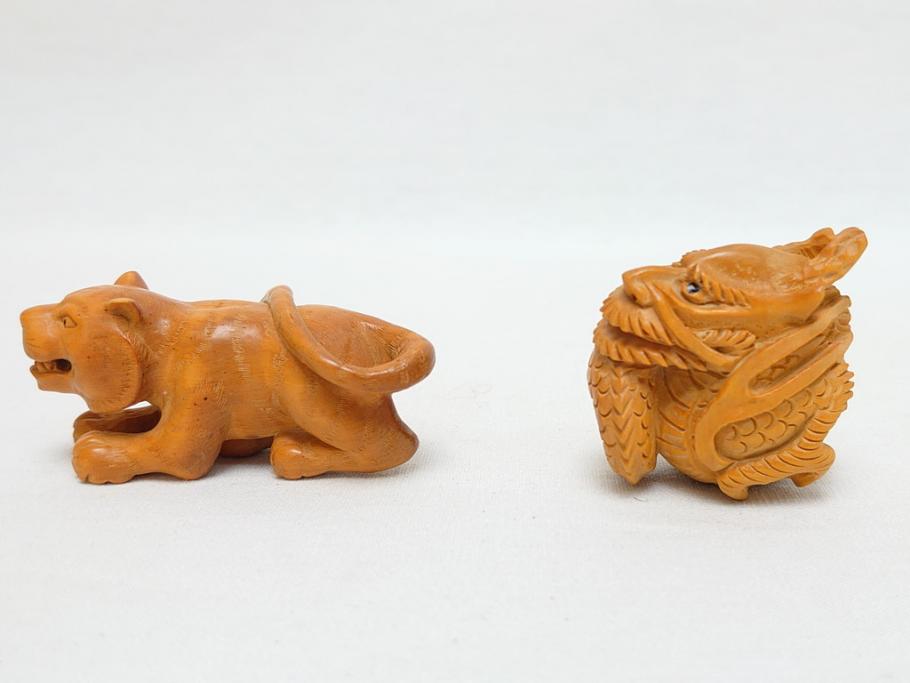 寿康斎　虎　竜　根付2点(トラ、龍、提げ物、共箱付き)(R-062774)