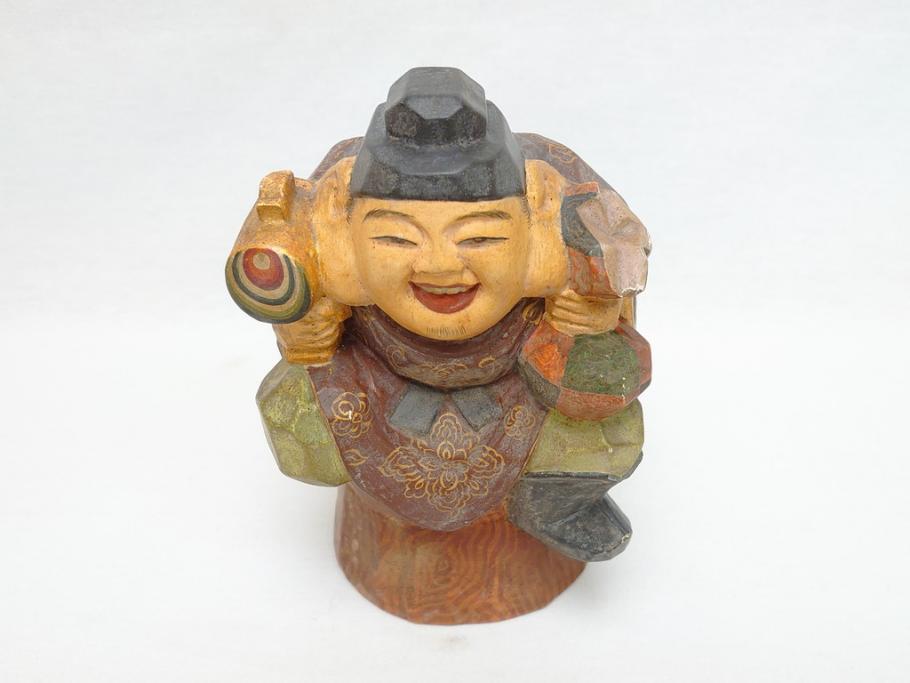 彫刻家　加納鉄哉　木彫り　彩色　古式大黒天像(置物、置き物、仏像、共箱付き)(R-062784)