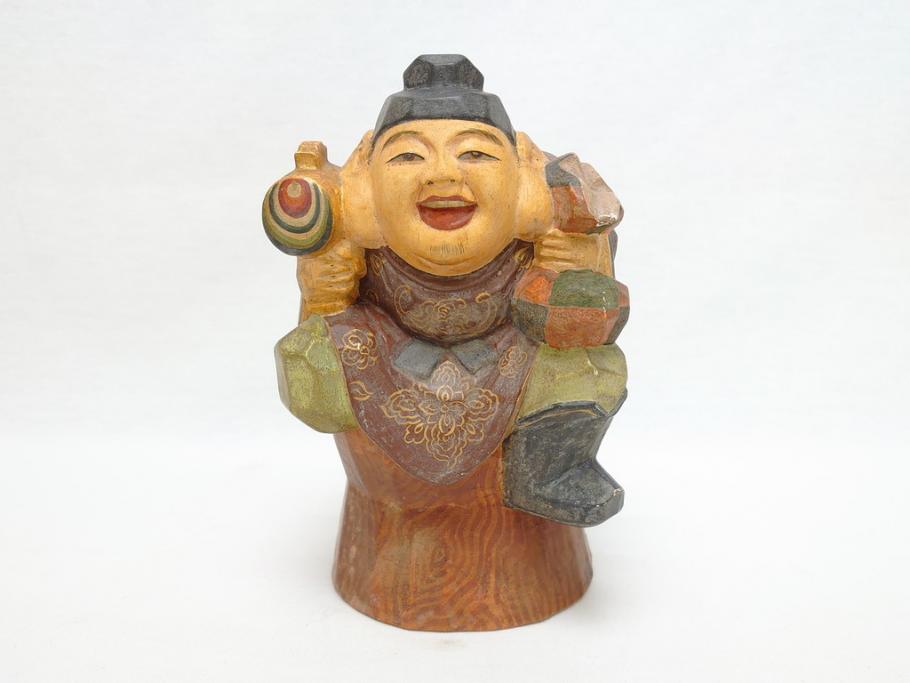 彫刻家　加納鉄哉　木彫り　彩色　古式大黒天像(置物、置き物、仏像、共箱付き)(R-062784)