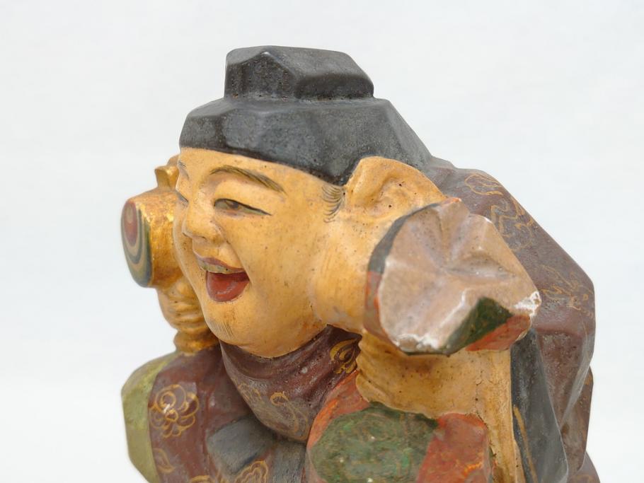 彫刻家　加納鉄哉　木彫り　彩色　古式大黒天像(置物、置き物、仏像、共箱付き)(R-062784)