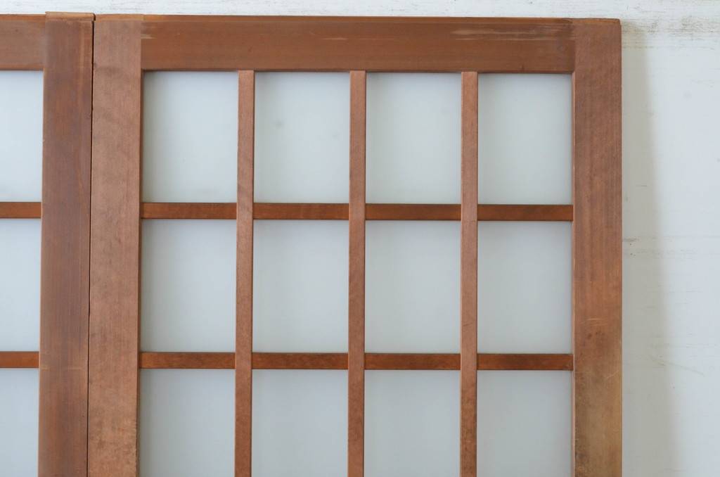 アンティーク建具　レトロなお部屋作りにおすすめなガラス戸2枚セット(引き戸、格子戸、マス目、升目)(R-065478)