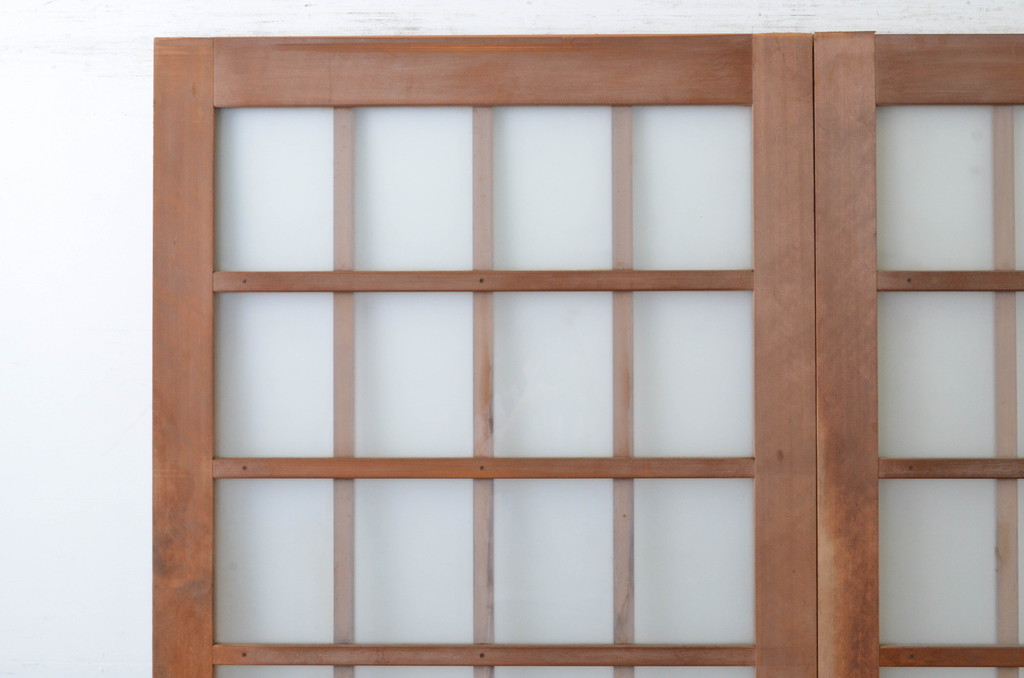 アンティーク建具　レトロなお部屋作りにおすすめなガラス戸2枚セット(引き戸、格子戸、マス目、升目)(R-065478)