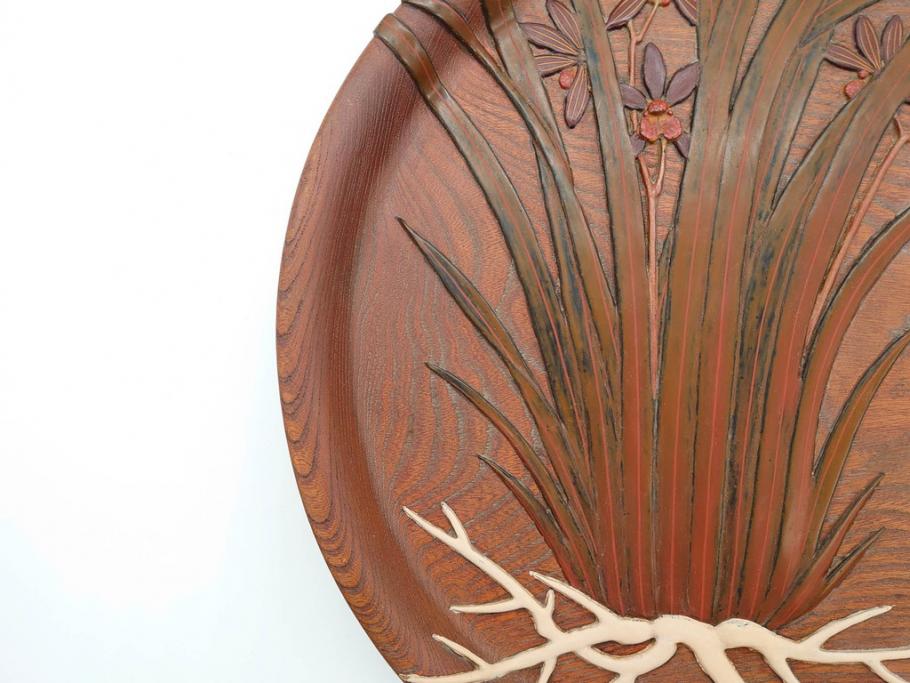 在銘　金城一国斎作　高盛絵　栗材　花に蜂図　職人による繊細な技法が素敵なお盆(作家物、漆芸、木製、楕円、オーバル、トレー、トレイ、伝統工芸品)(R-075959)