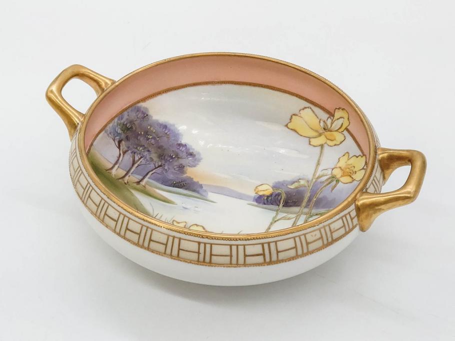オールドノリタケ　NORITAKE　金彩　花　ハンドル付　柔らかな色彩が美しいボウル(M-NIPPON印、風景、ハンドペイント、プレート、深皿、洋食器)(R-082747)