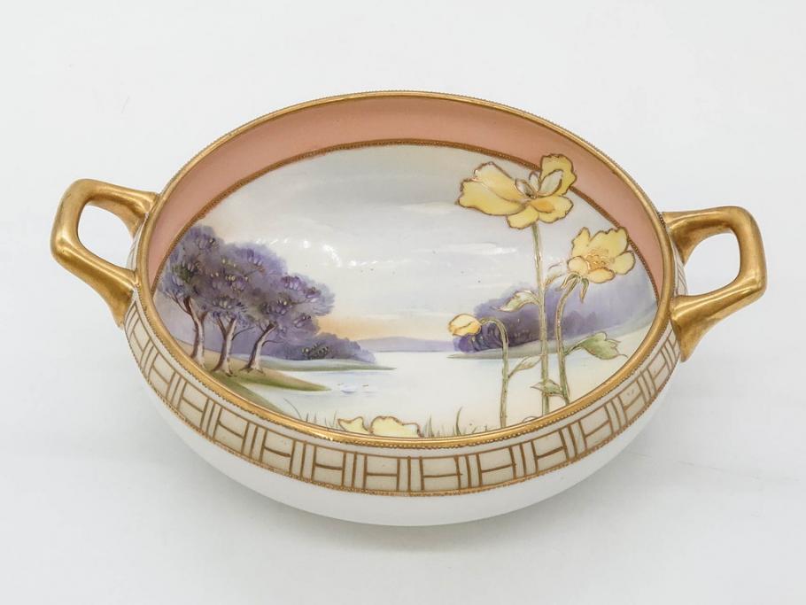 オールドノリタケ　NORITAKE　金彩　花　ハンドル付　柔らかな色彩が美しいボウル(M-NIPPON印、風景、ハンドペイント、プレート、深皿、洋食器)(R-082747)