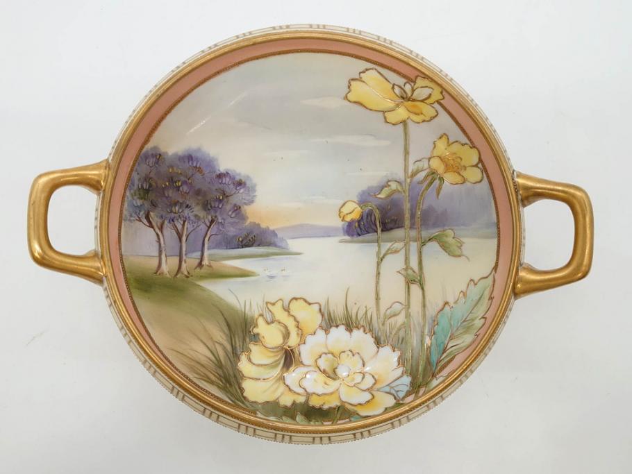 オールドノリタケ　NORITAKE　金彩　花　ハンドル付　柔らかな色彩が美しいボウル(M-NIPPON印、風景、ハンドペイント、プレート、深皿、洋食器)(R-082747)