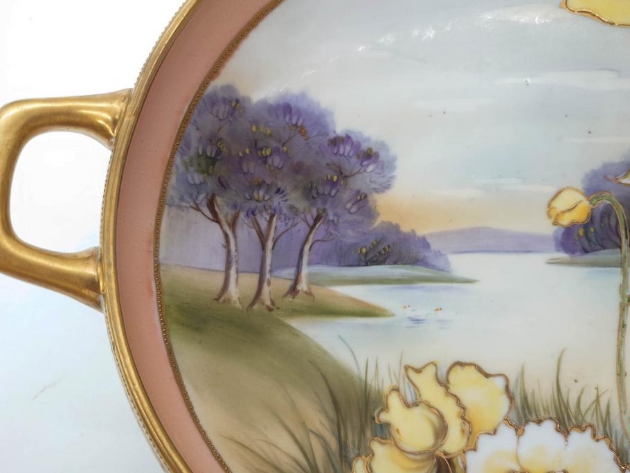 オールドノリタケ　NORITAKE　金彩　花　ハンドル付　柔らかな色彩が美しいボウル(M-NIPPON印、風景、ハンドペイント、プレート、深皿、洋食器)(R-082747)