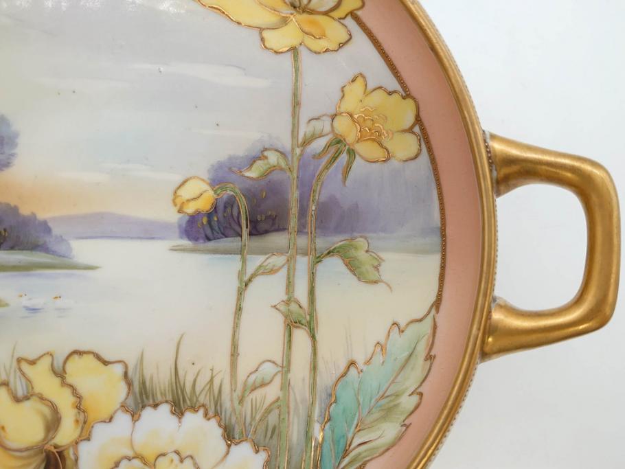 オールドノリタケ　NORITAKE　金彩　花　ハンドル付　柔らかな色彩が美しいボウル(M-NIPPON印、風景、ハンドペイント、プレート、深皿、洋食器)(R-082747)