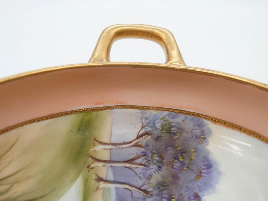 オールドノリタケ　NORITAKE　金彩　花　ハンドル付　柔らかな色彩が美しいボウル(M-NIPPON印、風景、ハンドペイント、プレート、深皿、洋食器)(R-082747)