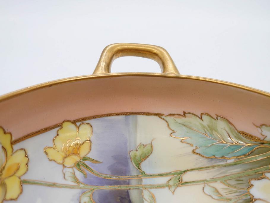 オールドノリタケ　NORITAKE　金彩　花　ハンドル付　柔らかな色彩が美しいボウル(M-NIPPON印、風景、ハンドペイント、プレート、深皿、洋食器)(R-082747)