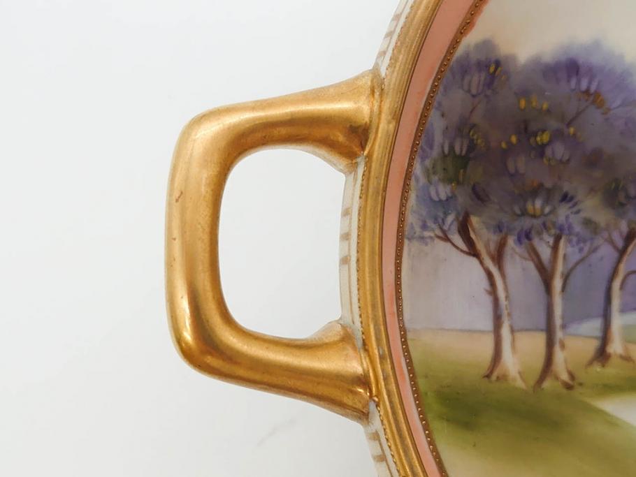 オールドノリタケ　NORITAKE　金彩　花　ハンドル付　柔らかな色彩が美しいボウル(M-NIPPON印、風景、ハンドペイント、プレート、深皿、洋食器)(R-082747)