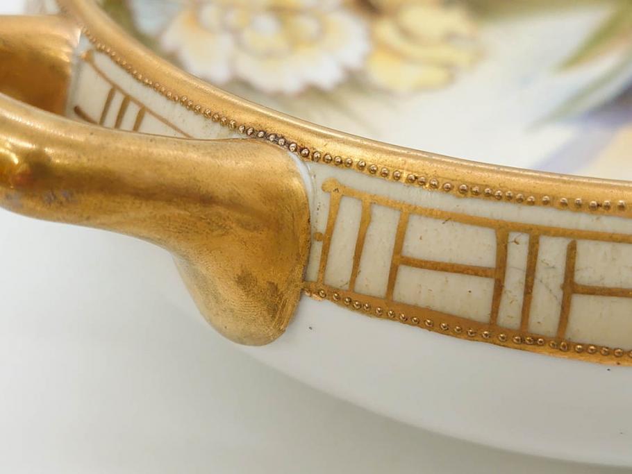 オールドノリタケ　NORITAKE　金彩　花　ハンドル付　柔らかな色彩が美しいボウル(M-NIPPON印、風景、ハンドペイント、プレート、深皿、洋食器)(R-082747)