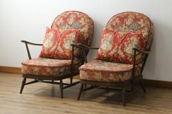 イギリスビンテージ　ERCOL(アーコール)　優雅でクラシカルな雰囲気を高める1人掛けソファ2脚セット(アームチェア、1Pソファ、一人掛け、椅子、イス、ヴィンテージ、英国)(R-069040)