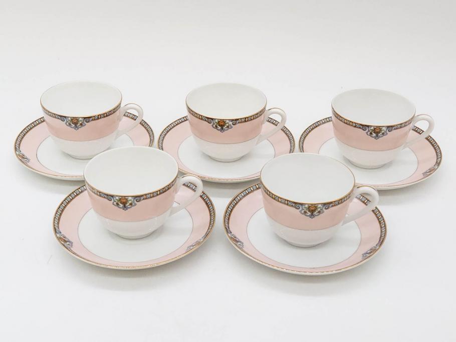 オールドノリタケ　NORITAKE　ヤジロベー印　ピンク　品よく可愛らしいカップ&ソーサー5客セット(花、金彩、C&S、日本陶器會社、洋食器)(R-082748)
