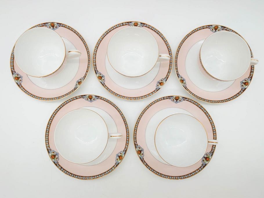 オールドノリタケ　NORITAKE　ヤジロベー印　ピンク　品よく可愛らしいカップ&ソーサー5客セット(花、金彩、C&S、日本陶器會社、洋食器)(R-082748)