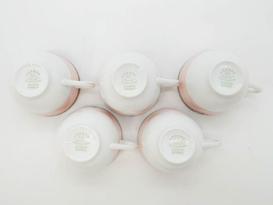 オールドノリタケ　NORITAKE　ヤジロベー印　ピンク　品よく可愛らしいカップ&ソーサー5客セット(花、金彩、C&S、日本陶器會社、洋食器)(R-082748)