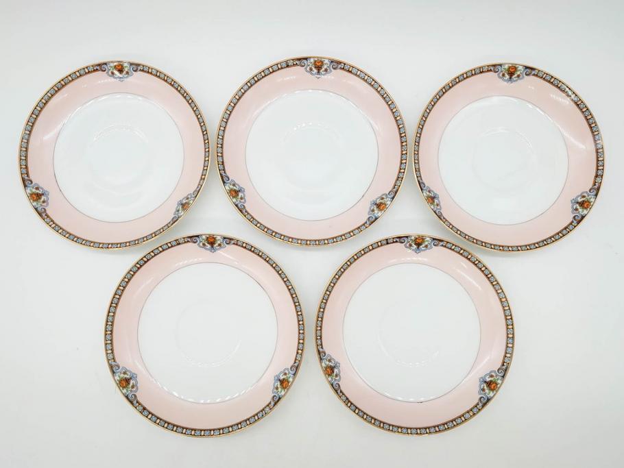 オールドノリタケ　NORITAKE　ヤジロベー印　ピンク　品よく可愛らしいカップ&ソーサー5客セット(花、金彩、C&S、日本陶器會社、洋食器)(R-082748)